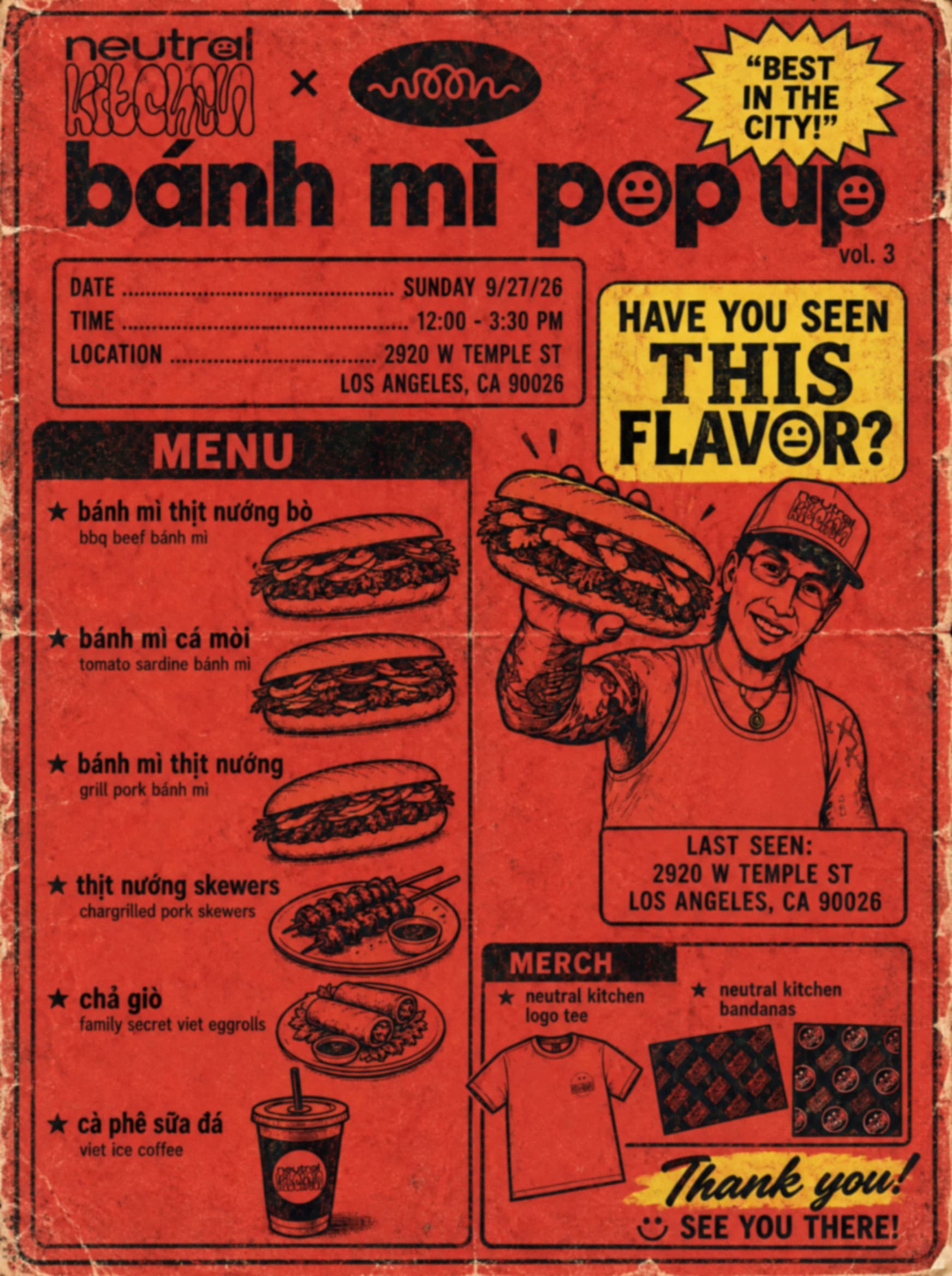 Neutral Kitchen × Woon bánh mì pop-up vol. 3 flyer, with illustrated sandwiches, Martin holding a bánh mì, and Neutral Kitchen merch. Event and menu details are listed below.